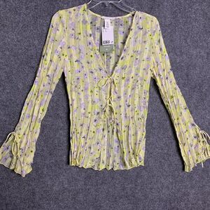 H&M Yellow Open Tie Sheer Floral Blouse Size S NWT